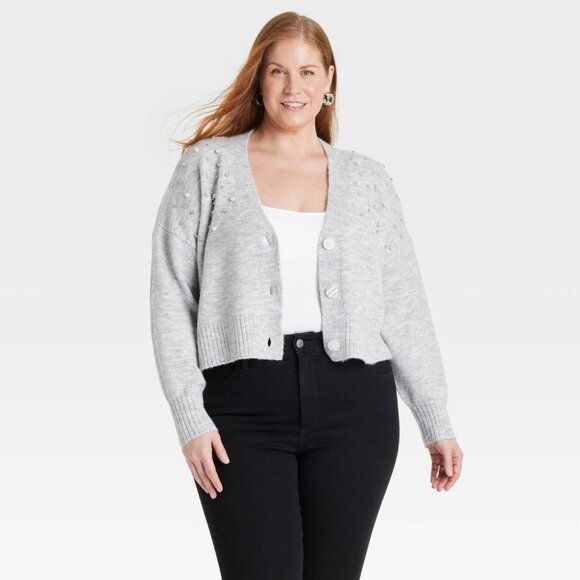 NEW Women's Embellished Cardigan - Ava & Viv™ Heather Gray 2X - Picture 1 of 6